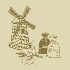 Vector illustration of ears of wheat sacks of flour and windmill