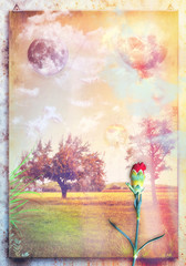 Countryside with trees,red carnation and moon © Rosario Rizzo