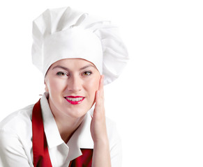 Smiling woman chef isolated on a white background