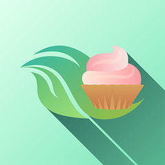 Illustration with stylized leaves and muffins. Healthy foods.