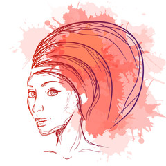 Fashion Illustration of a woman with a turban and watercolor blots 