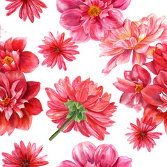 Obraz premium Red and pink watercolor dahlias seamless background pattern