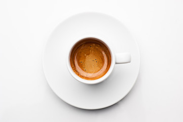 top view a cup of espresso coffee isolated on white background