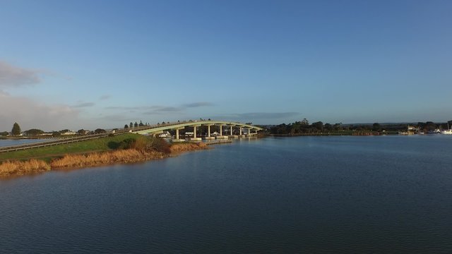 Aerial footage elevated view of hindmarsh island bridge goolwa south australia. River Murray. Famous for secret womans business aboriginal issues. Wharf, oscar w steam boat south Australian holidays