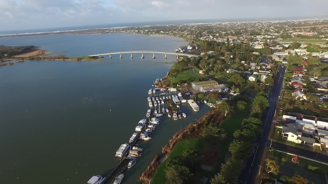 Aerial footage elevated view of hindmarsh island bridge goolwa south australia. River Murray. Famous for secret womans business aboriginal issues. Wharf, oscar w steam boat south Australian holidays