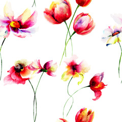 Fototapety  Seamless wallpaper with summer flowers