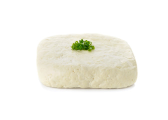 white tofu on with spring onion on white background