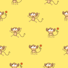 Vector seamless pattern with cartoon monkeys and flowers  on a yellow  background.