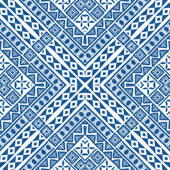 Abstract graphic ethnic patternin blue and white