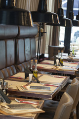 table set up in restaurant interior,shalow deepth of field