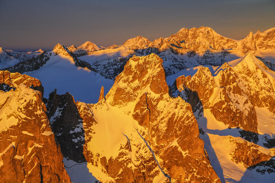 Aerial view of peaks Torrone and Bernina Group at sunset, Masino Valley, Valtellina, Lombardy