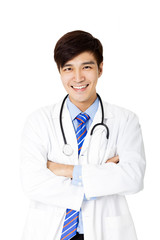 Fototapeta premium Friendly young male doctor isolated on white