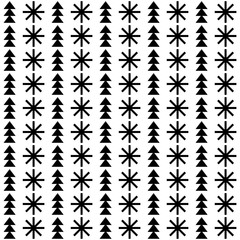 Seamless Christmas vector black and white background with decorative snowflakes and trees