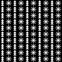 Seamless Christmas vector black and white background with decorative snowflakes and trees