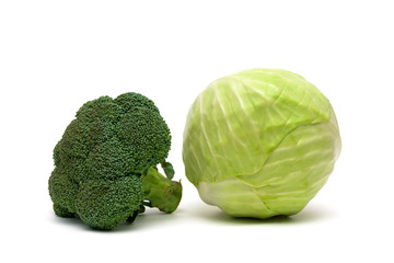 broccoli and cabbage isolated on a white background
