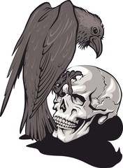 Raven sitting on human skull. Vector illustration. Tattoo style