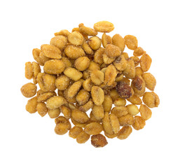 Salted caramel coated peanuts on a white background