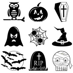 Halloween icons set in black and white including owl, pumpkin, coffin with cross,  ghost, spider on spider web, witch hat with buckle, moon with flying bats,  tomb RIP, and mummy skull 
