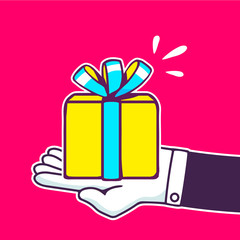 Vector illustration of hand holding yellow gift box with blue ri