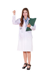 female doctor with medical report on white background