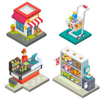 Supermarket and store stuff: cart with goods, store shelves, salesgirl, cashbox, cash desk, scales. Flat vector stock illustration set.
