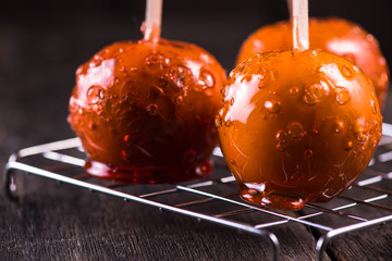 Halloween treat, caramel coated apples