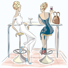 Two beautiful women sitting in cafe drinking cocktail and wine - 93462713