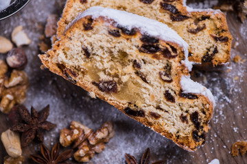 Traditional Christmas stollen cake