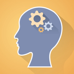 Una imagen vectorial que representa la mente como una máquina poderosa, con ruedas dentadas en su interior que simbolizan el proceso creativo y la generación de ideas en una sinfonía de pensamientos.