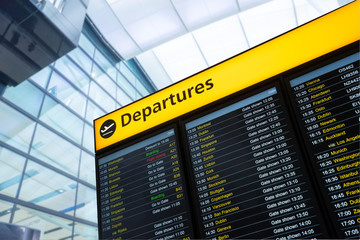 Flight information, arrival, departure at the airport, London, E - obrazy, fototapety, plakaty