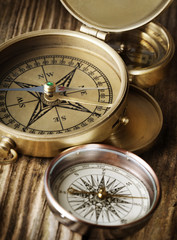 antique compass on vintage wooden background