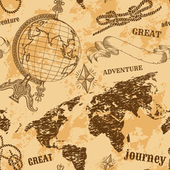 Seamless pattern  with vintage globe, abstract world map, rope knots, ribbon. Retro hand drawn vector illustration "Great adventure" in sketch style with grunge background old paper