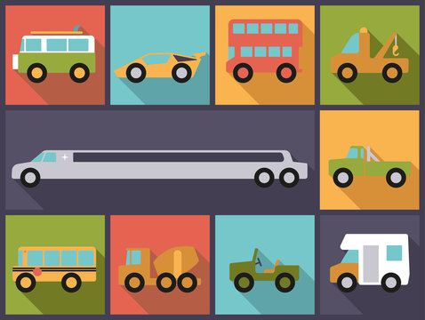Automotive icons vector illustration. Horizontal flat design illustration with various cars, trucks, buses and vans