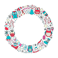 Winter round frame. Vector hand drawn doodle xmas elements. Star, snowflake, berry, mittens, teacups, scarf, hat, socks.