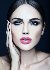 sensual glamour portrait of beautiful  woman model lady with fresh daily makeup with pink lips color and clean healthy skin face