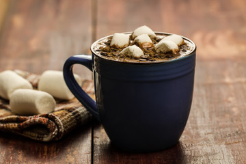 cup of hot chocolate with cinnamon and marshmallows on wooden background