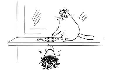 кот роняет цветочный горшок