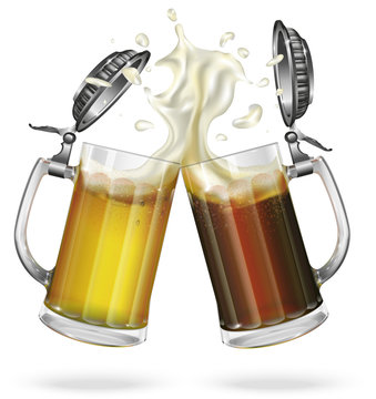 Two mugs with cap with ale, light or dark beer. Mug with beer. Glass. Vector