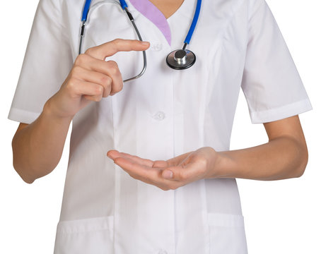 Female headless doctor pointing to something or pressing imaginary button.