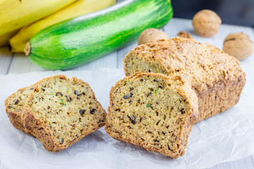 Loaf of homemade banana zucchini bread with walnuts