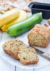 Loaf of homemade banana zucchini bread with walnuts