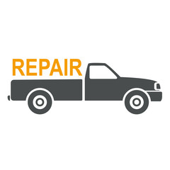 Icono plano texto REPAIR en furgoneta naranja