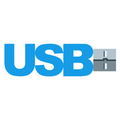 Icono plano texto USB con conector azul