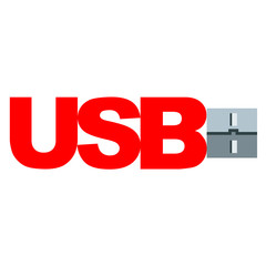 Icono plano texto USB con conector rojo