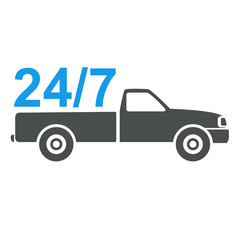 Icono plano texto 24 7 en furgoneta azul