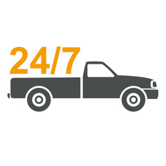 Icono plano texto 24 7 en furgoneta naranja