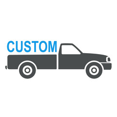 Icono plano texto CUSTOM en furgoneta azul