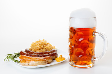 Oktoberfest menu, beer mug, a plate of sausages and sauerkraut