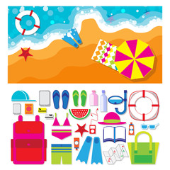 Summer vacation, time to travel, beach rest: sun, sea, waves, sand, beach umbrella, towel, flippers, starfish, lifebuoy. Vector  illustration flat style background.