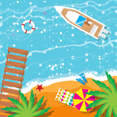 Summer vacation, time to travel, beach rest: sun, sea, waves, sand,  pier, palm, . boat, umbrella, towel, flippers, starfish, lifebuoy. Vector flat background and objects illustrations.